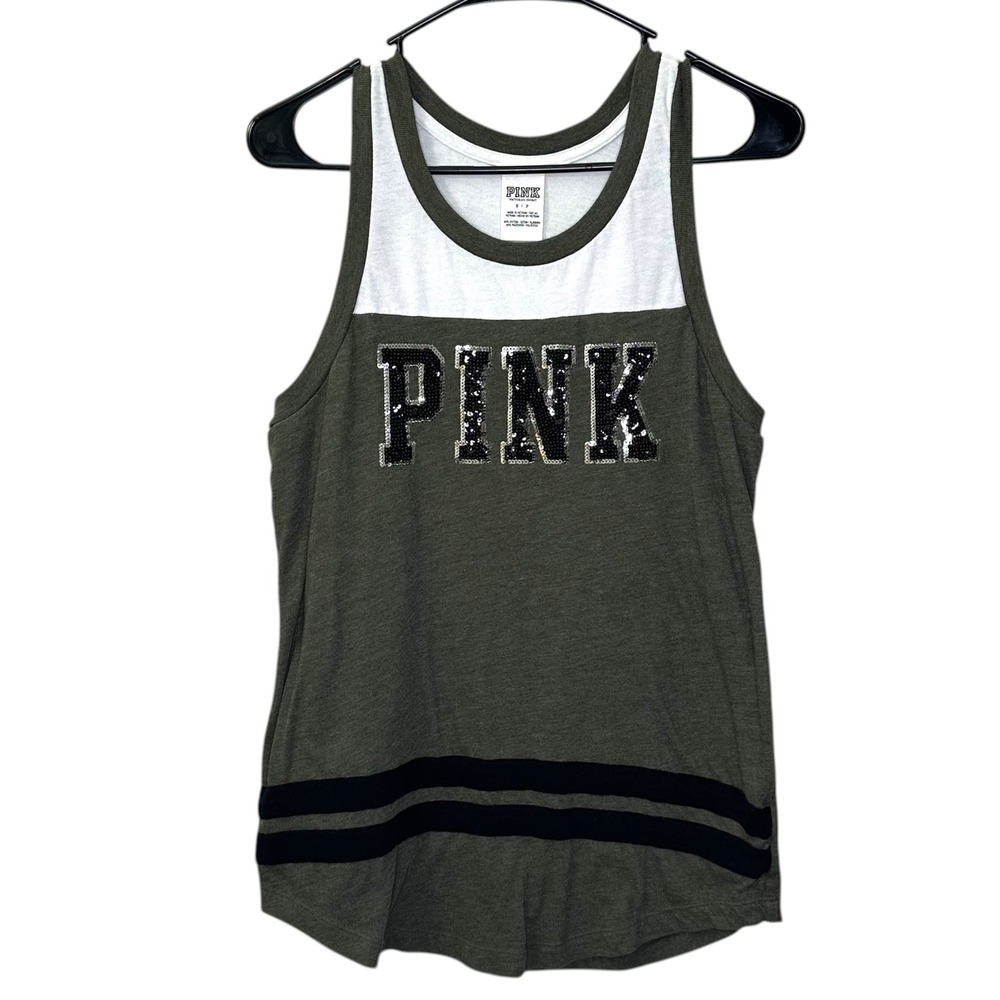 Victoria's Secret PINK Tank Top Gray White Sequin‎ Logo Varsity Small